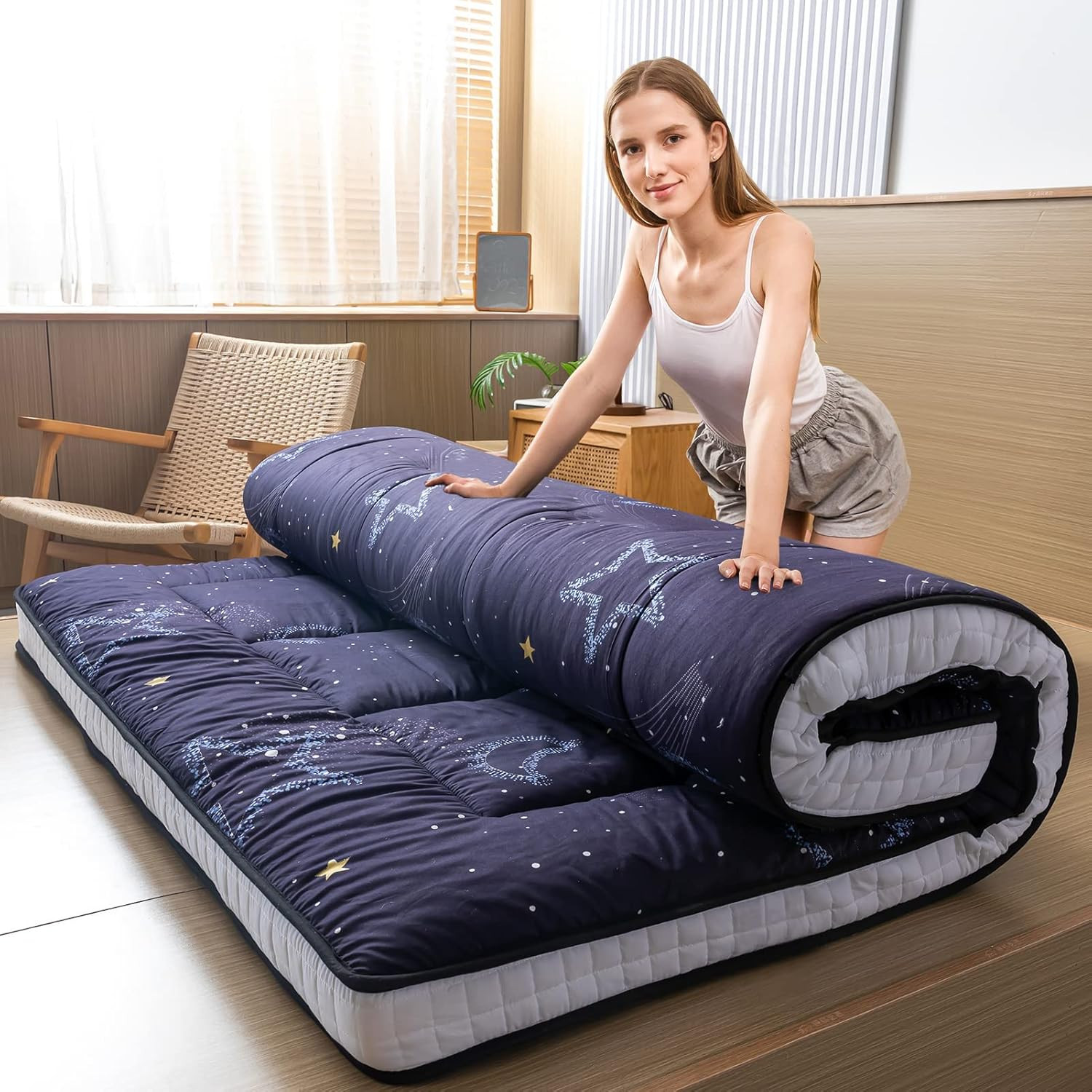 Black Moon and Star Futon Mattress, Japanese Floor Mattress Quilted Bed Mattress