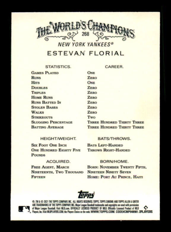 2021 Topps Allen and Ginter Chrome Refractor #268 Estevan Florial RC (ref Y0311) - Image 2 of 2