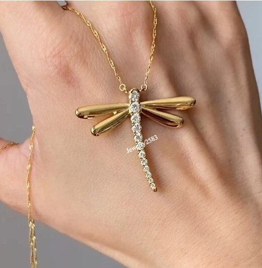 Colgante libélula para mujer enchapado en oro amarillo de 14 k diamante natural I3 Foto 4 de 4