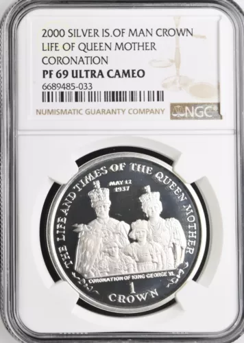 2000 ISLE OF MAN SILVER 1 CROWN LIFE OF QUEEN MOTHER CORONATION-NGC PF69 UC