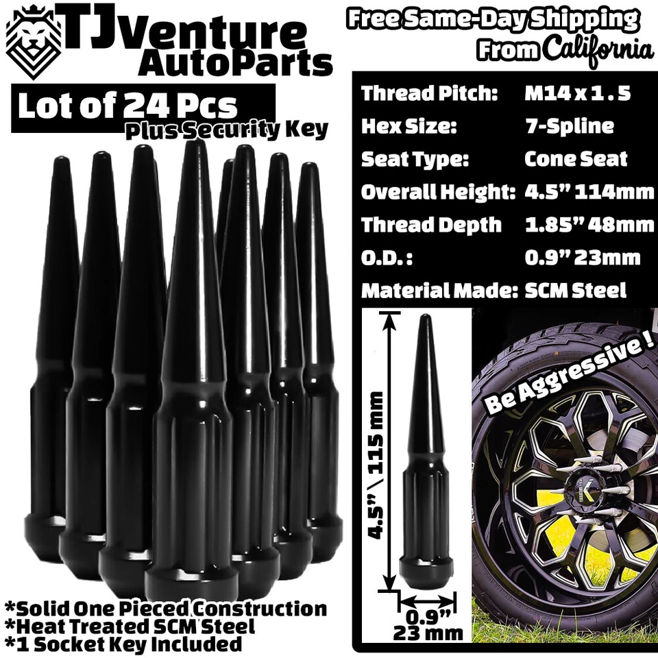 Tuerca de clavo 24 piezas negra 4,5" Spline M14x1,5 + llave Chevy Silverado1500 Tahoe y más Foto 2 de 3