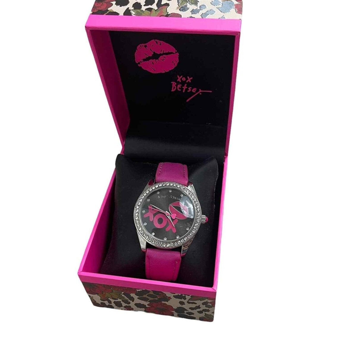 BETSEY JOHNSON XOX Vegan Leather Strap Rhinestone Studded