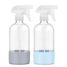 2 Pack Glass Spray Bottles with Silicone Sleeve, 16 oz Empty Refillable Conta...