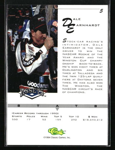 Dale Earnhardt 1994 Classic #5 Racing Card - Picture 2 of 2