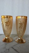 Jeanette Iris Herringbone Marigold 6"  Footed Iridescent Carnival Glass Tumblers