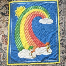 Vintage 80s Crib Quilt Rainbow  Clouds Blue Yellow Border "That's Our Baby"