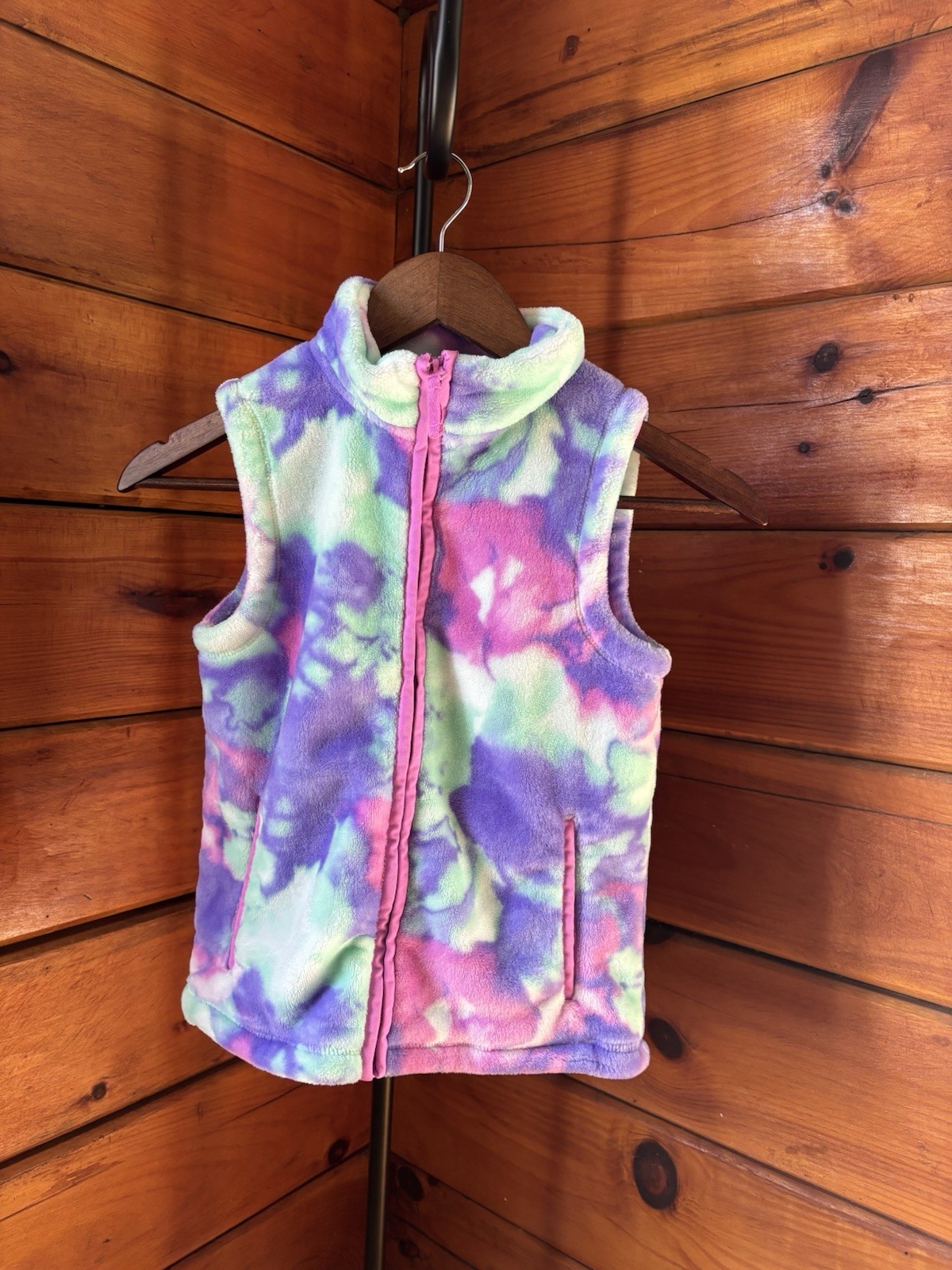 Lands' End Girls Tie-Dye Fleece Full Zip Vest w/ Pockets Purple Pink Sz S 7-8