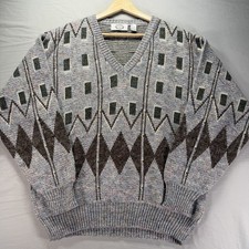 Vintage Grandpa Sweater Mens Large Multicolor Knit Geometric Wool Made In Italy