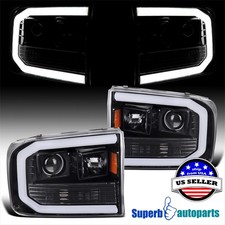 Fit 1999-2004 Ford F250 F350 Superduty Led Tube Shiny Black Projector Headlights