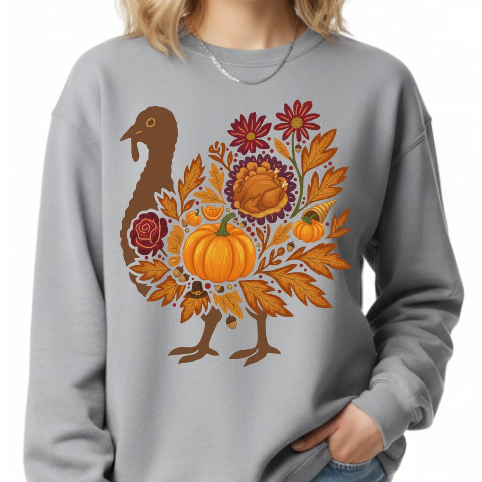 Thanksgiving Turkey Shirt Women Fall Pumpkin Floral T-Shirt Sweatshirt Cotton - Image 2 of 4