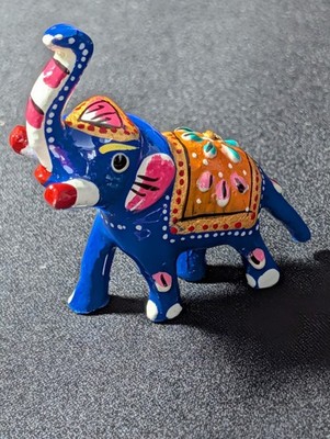 Hand-Painted Blue Elephant Figurine Raised Trunk, Orange Decorative Blanket