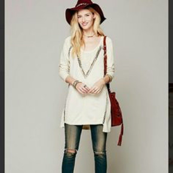 Free People Women's Festival Beaded Lace Detail Tunic Top Size S