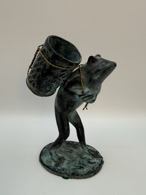 Vintage Japanese Bronze Frog With Basket Sculpture  Figurine 6.5 