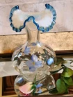Fenton 1994 Opalescent Blue /Aqua Crest Hand Painted Floral Ruffled Vase Signed