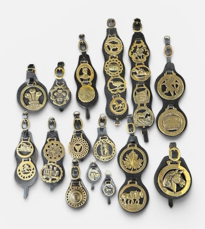 Lot of 15 Vintage Brass Horse Medallions w/ Leather Backings NO RESERVE PRICE