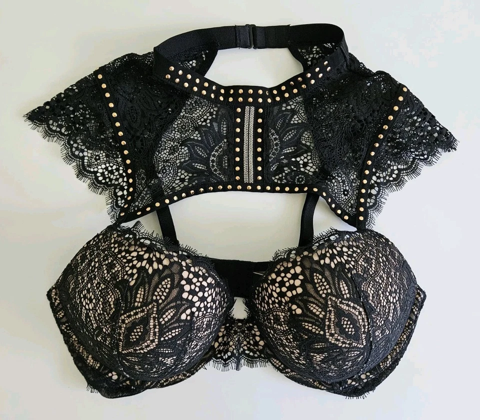 Victoria’s Secret 非常性感聚拢文胸金色耳钉蕾丝高领黑色 36D  — 第 3/4 张图片