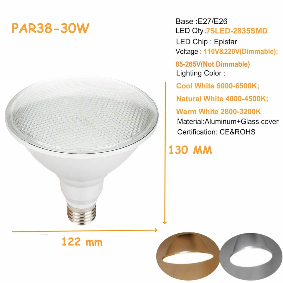 NEW Dimmable LED PAR38 Lamps E27 30W 110V 220V 85V-265V Lights High-Quality RK - Image 3 of 4