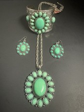 Faux Turquoise Green Stone Necklace, Bracelet Earring Set - Women Jewelry