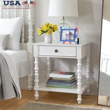 Wood Nightstand W/ Charging Ports USB-A USB-C Drawer Shelf Farmhouse Bedroom