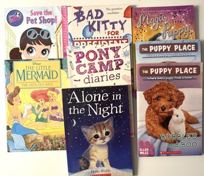 Lot of 8 Children's Chapter Books Puppy Place, Bad Kitty, Little Mermaid, LPS