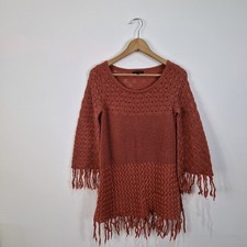 River Island Orange Rust Jumper Dress Crochet Knit Fringing Tassels Boho UK 10