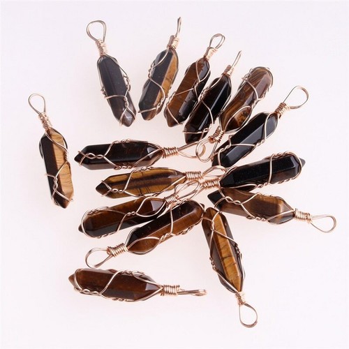 50pcs Tiger Eye Stone Pillar Shape Handmade Golden Iron Wire Pendants Wholesale - Picture 3 of 9