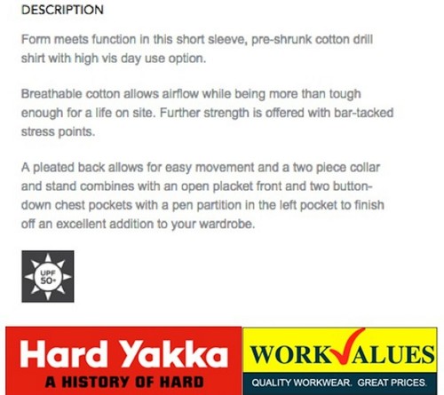 HARD YAKKA- MENS 100% COTTON DRILL SHORT SLEEVE WORK TRADE SHIRTS - Y07510 - Picture 6 of 9