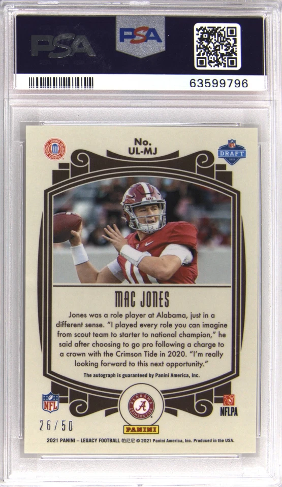 2021 Panini Legacy Mac Jones Ruby Autograph #ULMJ PSA 10 Patriots RC auto - Image 2 of 2