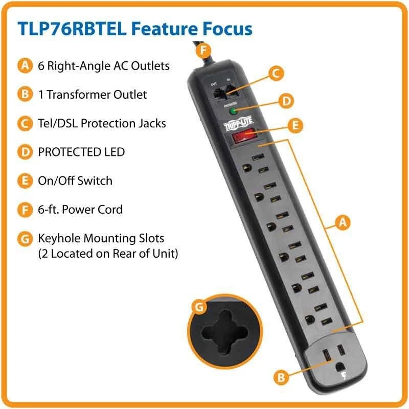 Tripp Lite TLP76RBTEL 7-Outlet Surge Protector Power Strip 6ft Cord 1080J RJ11 - Image 2 of 4