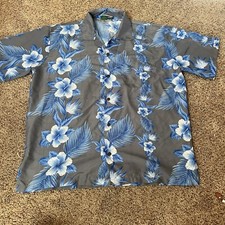 Makani Hawaii Shirt Mens Large Gray Blue Floral Microfiber Hawaiian Aloha Tribal