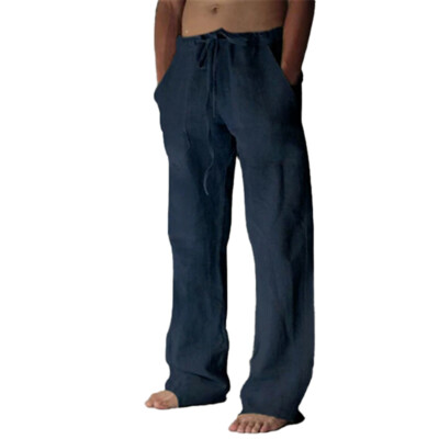 Mens Cotton Linen Loose Pants Solid Color Casual Baggy Summer Beach Trousers