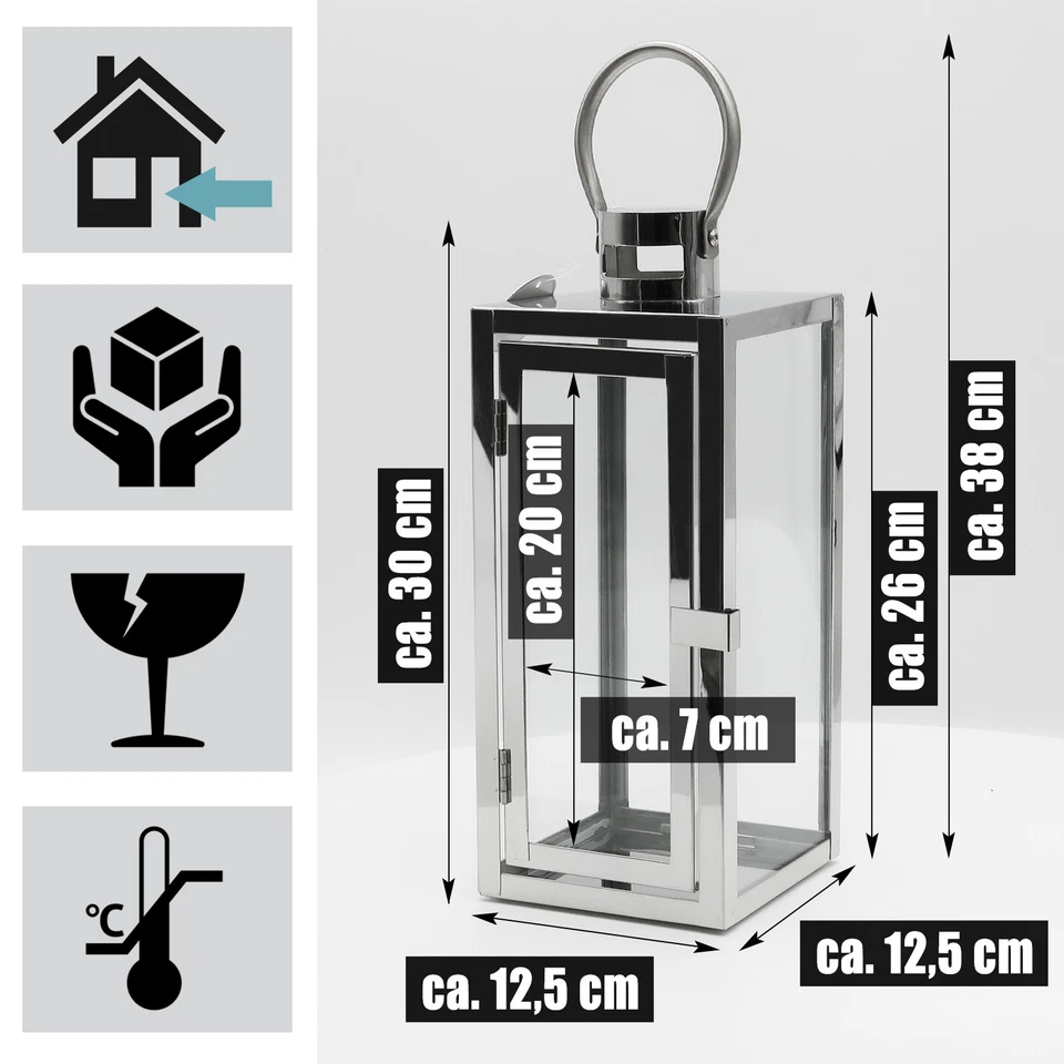30cm Laterne Edelstahl Gartenlaternen Metall Deko-Laterne Glasscheiben Windlicht - Bild 4 von 4