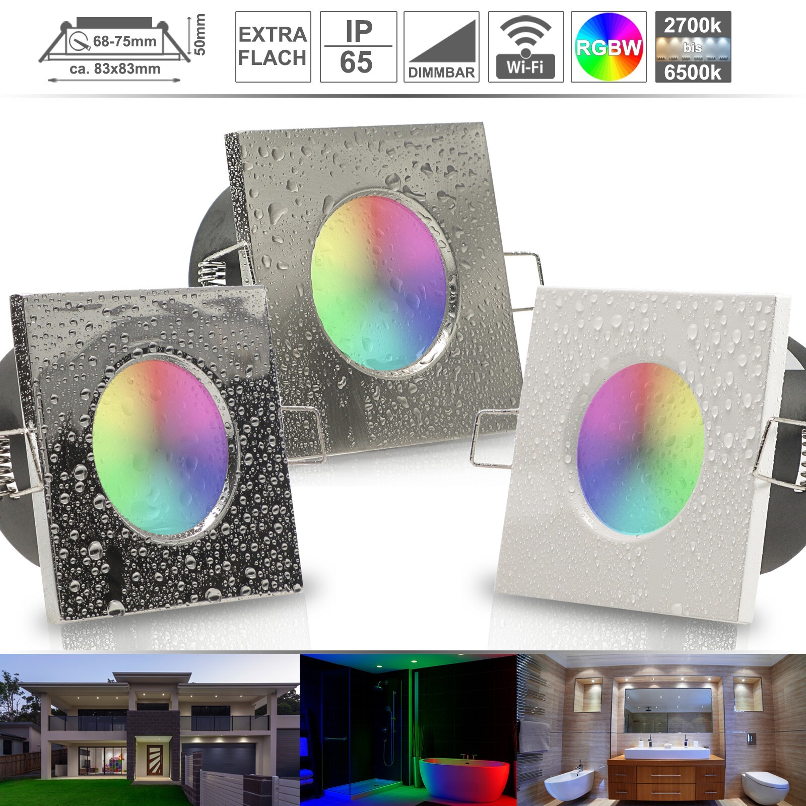 IP65 LED Einbaustrahler RGB 230V Decken Spot 5W flach Set Smart dimmbar AQUA65