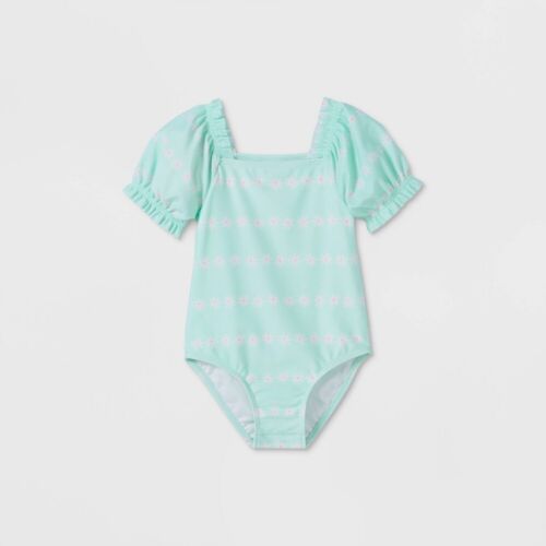 Toddler Girls' Daisy Print Puff Sleeve One Piece Swimsuit - Cat & Jack Turquoise