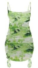 Pretty Little Thing Lime Dragon Print Strappy Ruched  Bodycon Dress Size 16