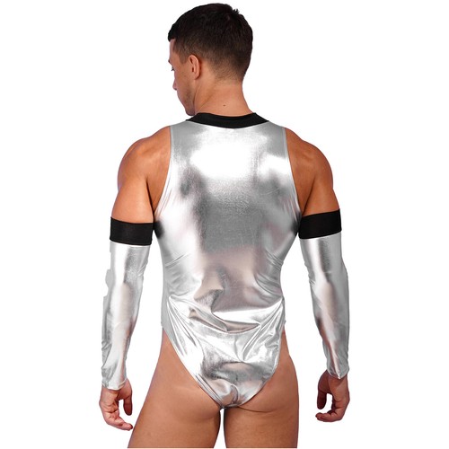Herren Wetlook Metallic Catsuit Overall mit Handschuhe Stringbody Alien Kostüm - Bild 6 von 49