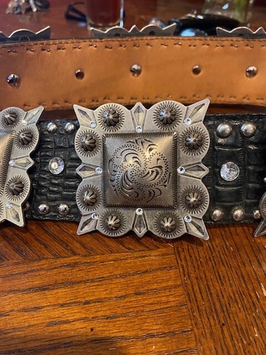 MM Ranchwear Bejeweled/Studded Black Leather Concho Belt XL