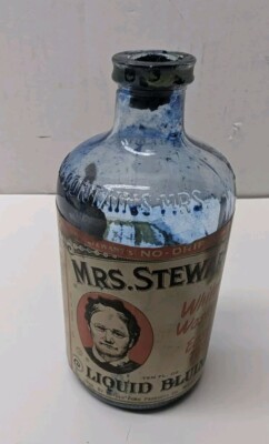 Vintage - Mrs. Stewart's Liquid Bluing - Embossed Glass Bottle - Empty 1957