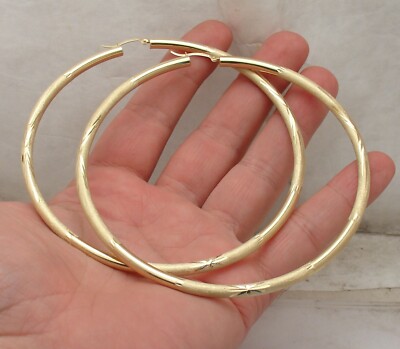4 Zoll große riesige diamantgeschliffene runde Creolen ECHT 14K Gelbgold 4 mm 100 mm