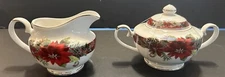 Grace Teaware Poinsettia Plaid Porcelain Sugar Bowl & Creamer 2 Piece Tea Set