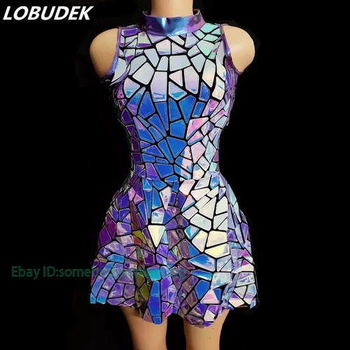 Purple Blue Laser Mirror Sequins Top Short Dress Women Singer Dancer Stage Wear - Picture 11 of 34
