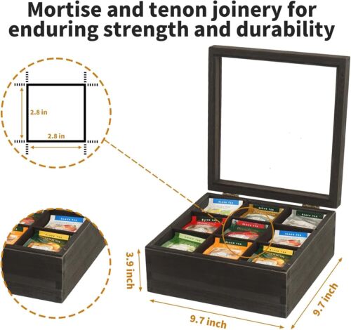 Wood Big Black Tea Bag Organizer Storage Box 12-Compartment Multi-Functional Box - Picture 23 of 24
