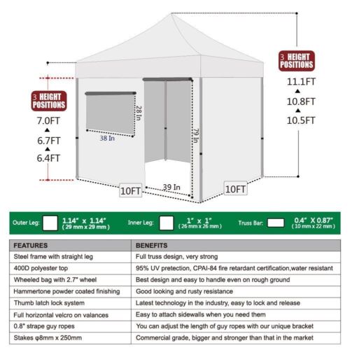 Ez Pop Up Canopy 10 x 10 Ez Pop Up Waterproof Tent+4 Side Walls & Weight Bags - Picture 2 of 20