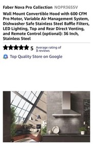 Faber 36-Inch Nova Pro Wall Mounted Convertible Range Hood Pro with 600 CFM