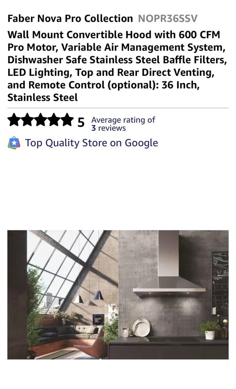Faber 36-Inch Nova Pro Wall Mounted Convertible Range Hood Pro with 600 CFM