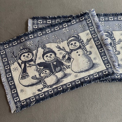 Vintage Winter Snowmen Woven Placemats Blue Metallic Christmas Holidays Frosty