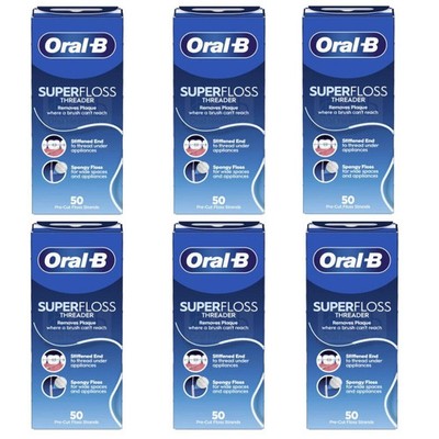 6 x Oral B Super Floss Mint Zahnseide Zahnspange breite Räume 50 vorgeschnittene Strähnen