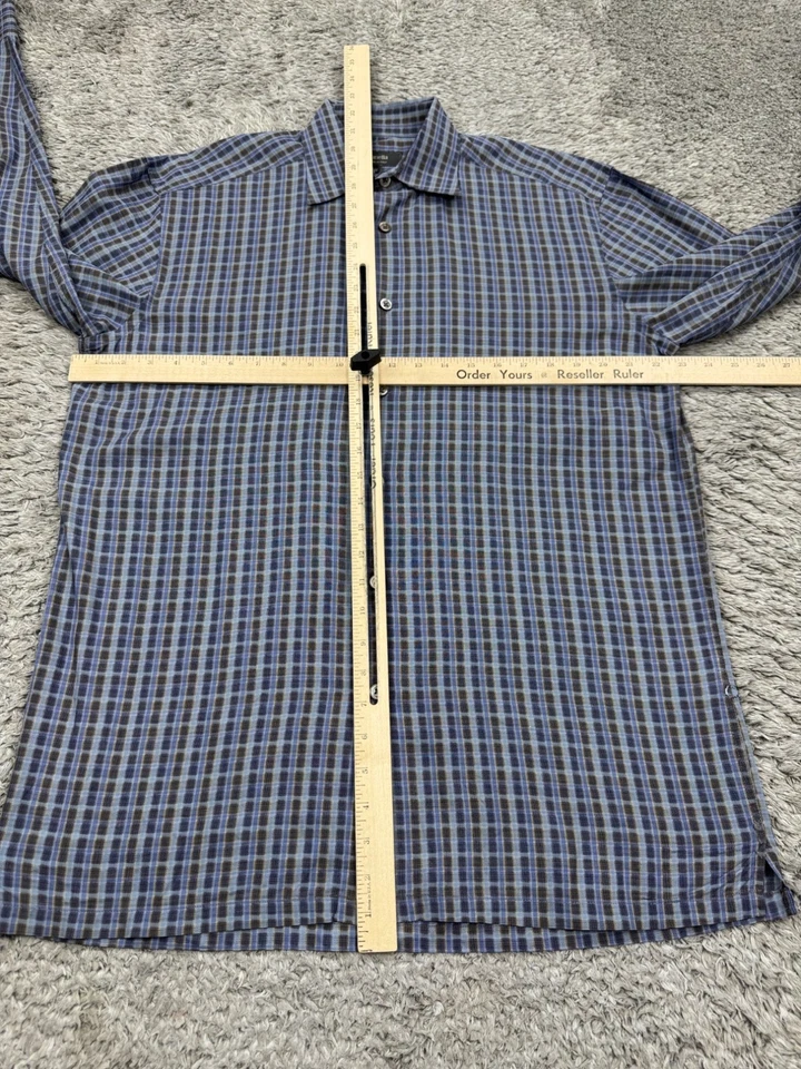 Camisa Zanella Hombre Mediana Azul Gris Cuadros Manga Larga Abotonada Hecha en Italia Foto 4 de 4