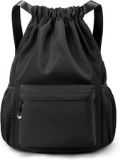 Black Drawstring Backpack, Waterproof Gym Bag, Small Cinch Sack for Sports