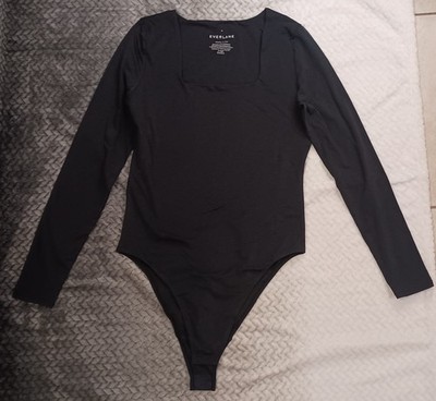 Everlane Womens The Long-Sleeve Supima Square-Neck Bodysuit Thong Black Medium